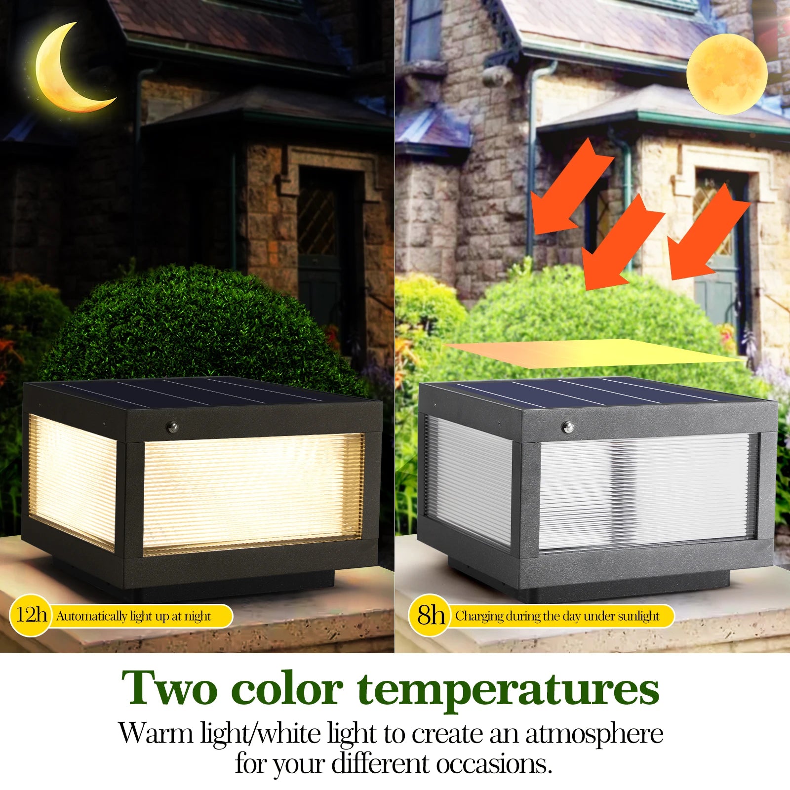 Solar Post Light, 12" Outdoor Column Pillar Lamp