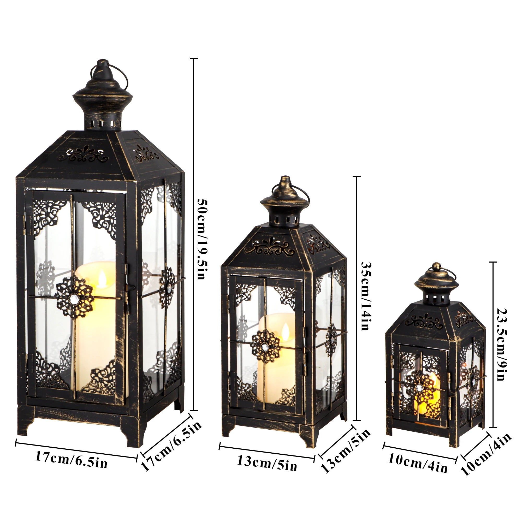 Set of 3 Vintage Black & Gold Candle Lanterns | Large Floor Decor