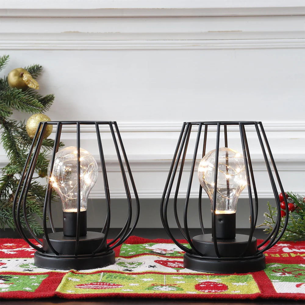 Set of Two Metal Cage Lamp Round Table Lamp for Holiday Decor (2pcs)