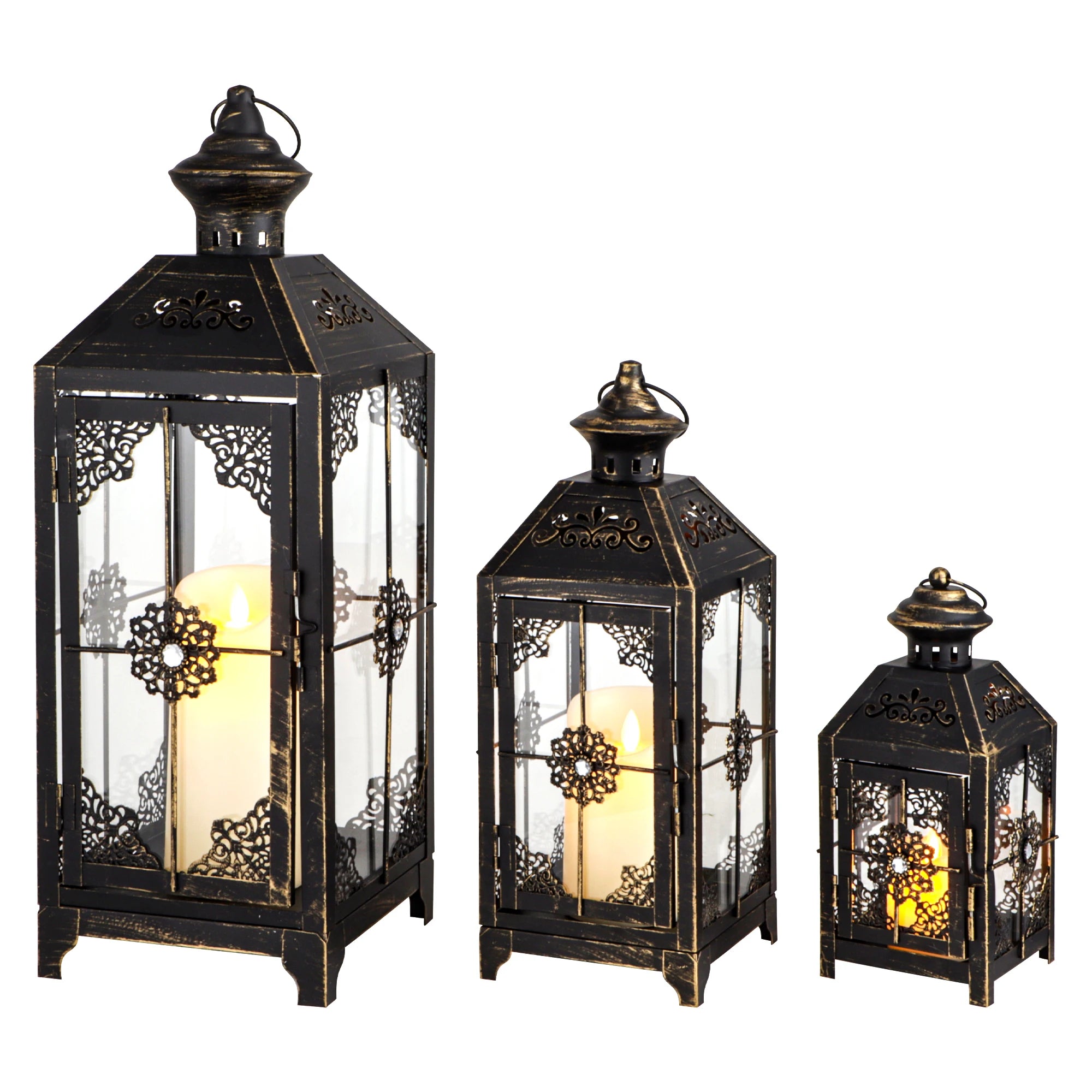 Set of 3 Vintage Black & Gold Candle Lanterns | Large Floor Decor