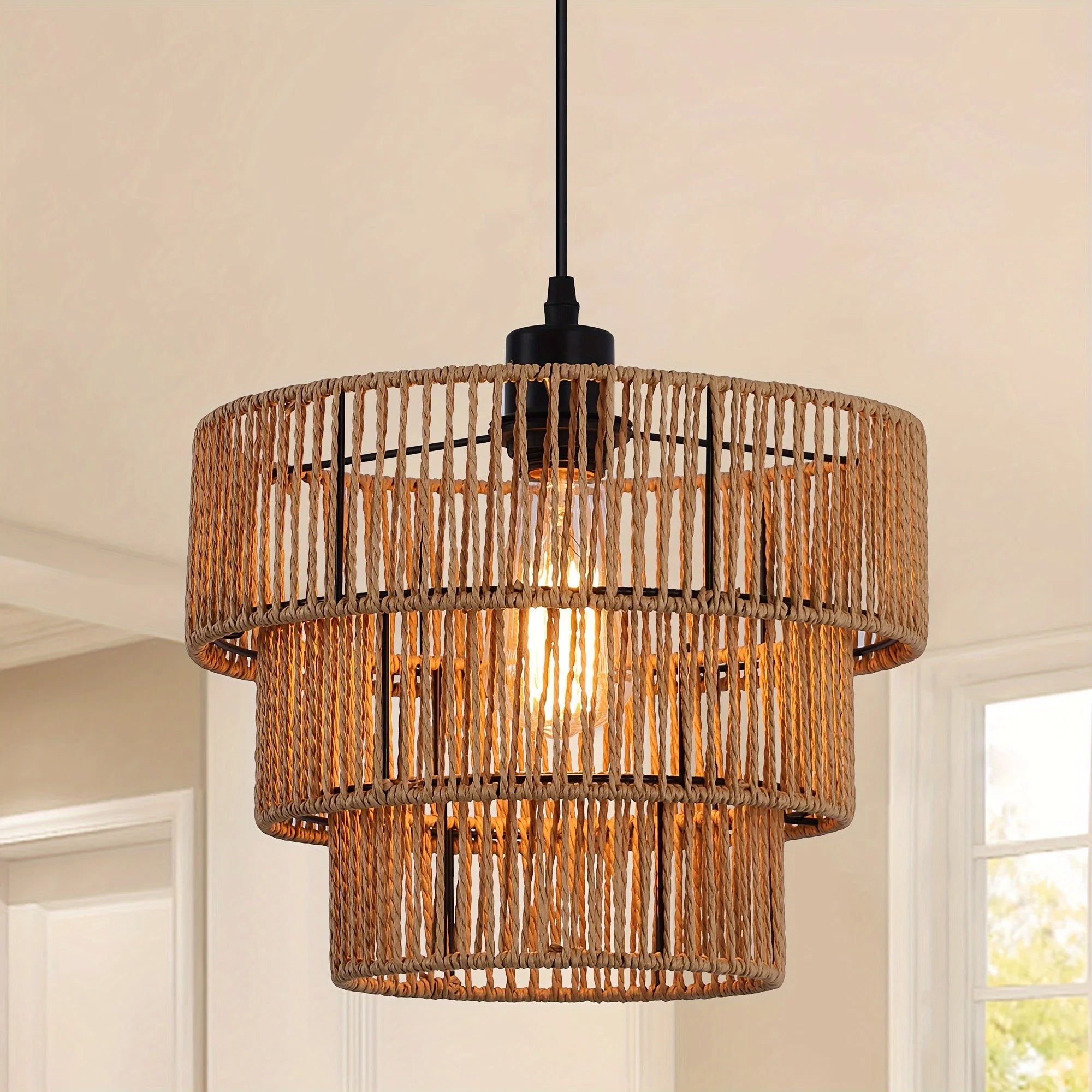 Farmhouse Rattan Boho Pendant Light