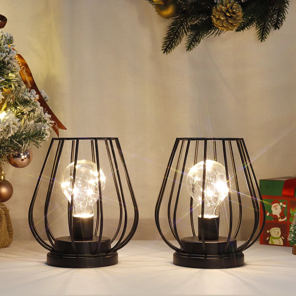 Set of Two Metal Cage Lamp Round Table Lamp for Holiday Decor (2pcs)