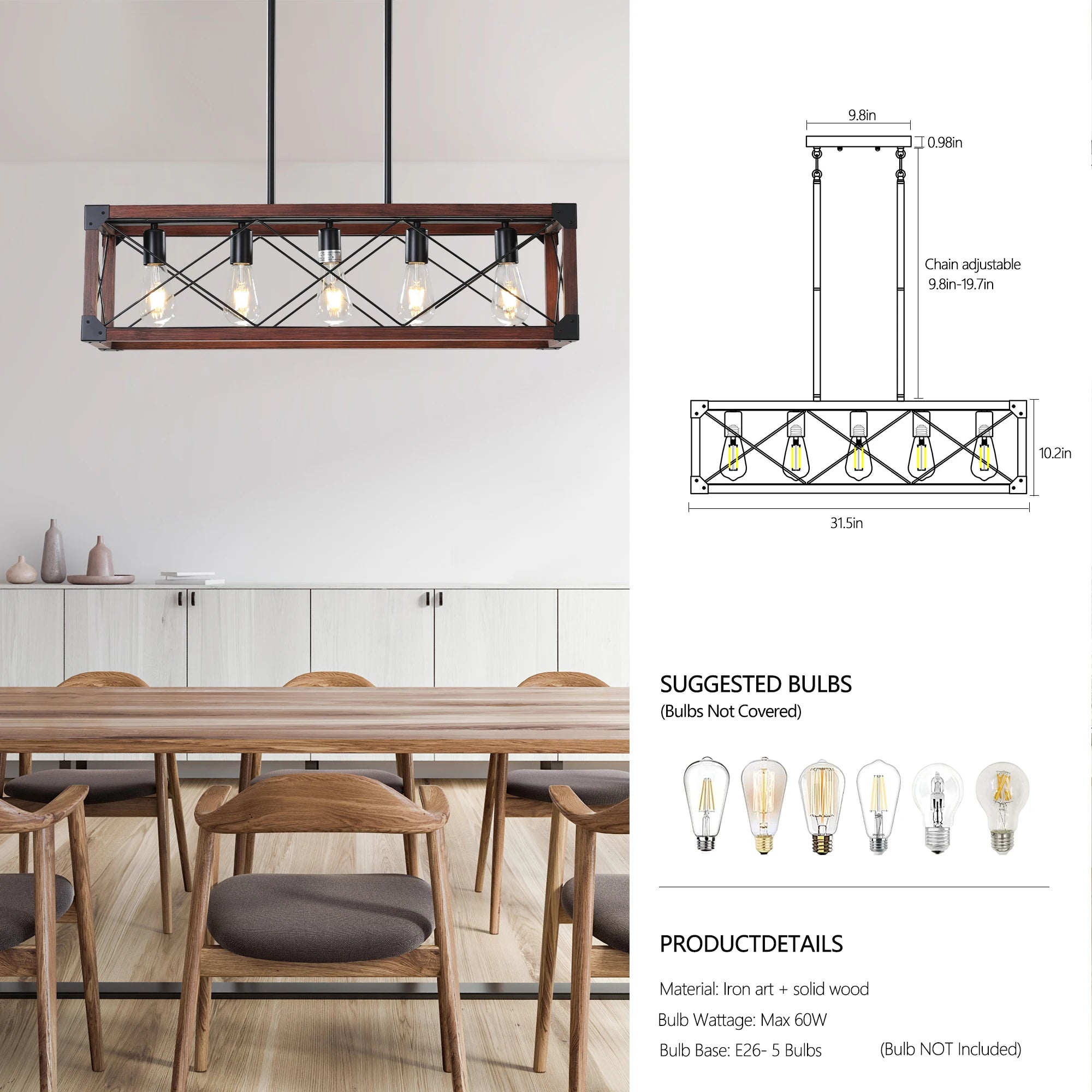33.5-Inch 5-Light Farmhouse Linear Chandelier