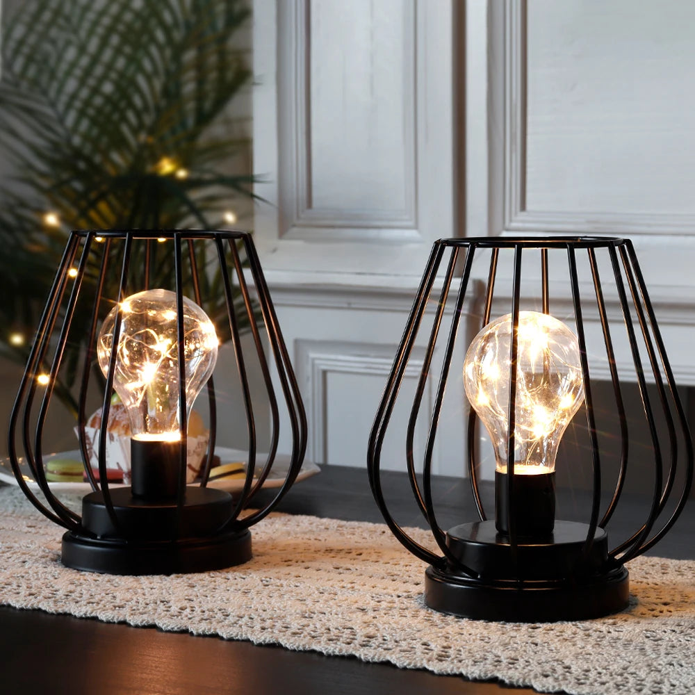 Set of Two Metal Cage Lamp Round Table Lamp for Holiday Decor (2pcs)