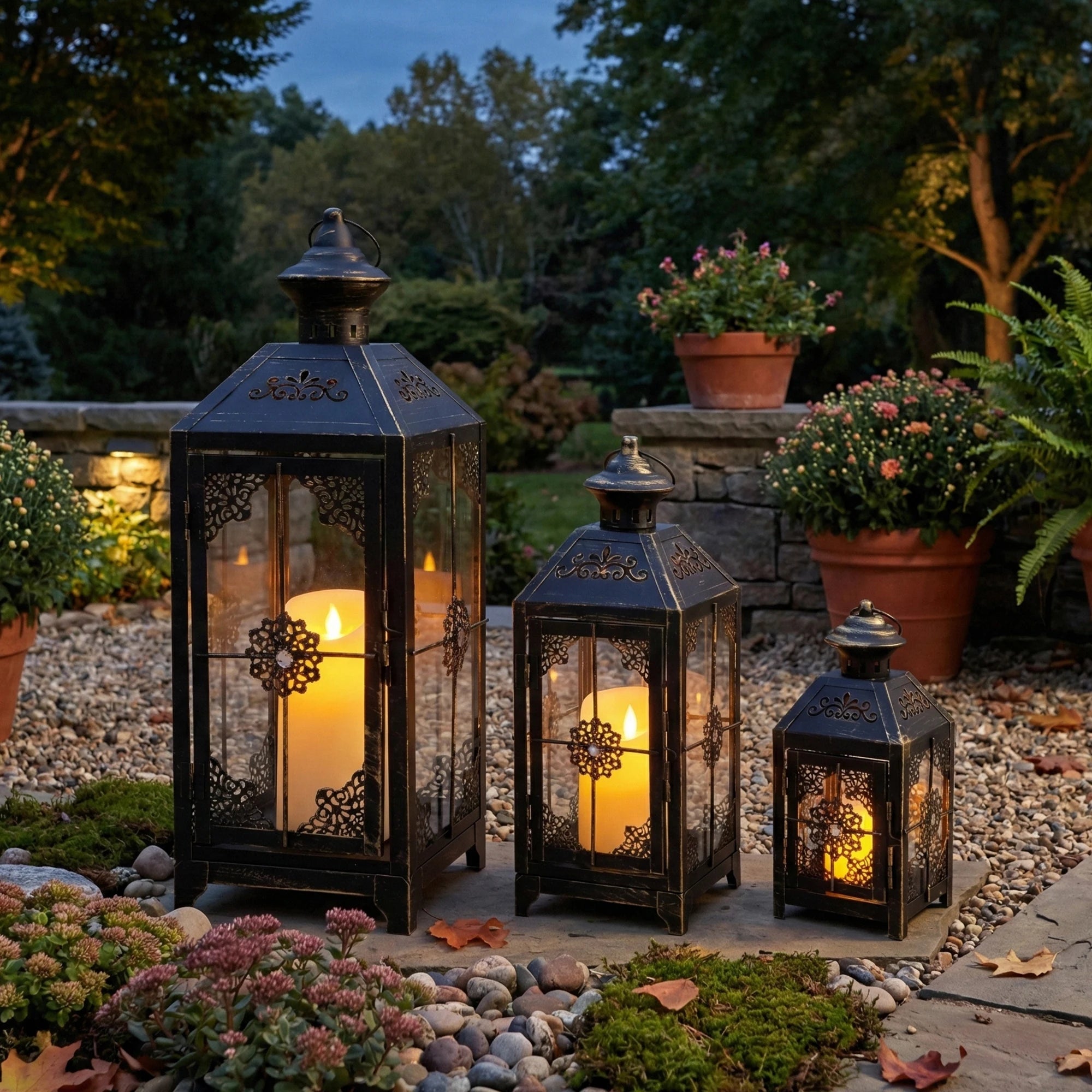 Set of 3 Vintage Black & Gold Candle Lanterns | Large Floor Decor