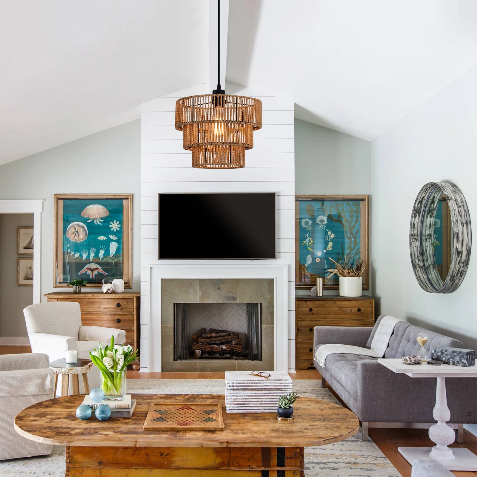 Farmhouse Rattan Boho Pendant Light