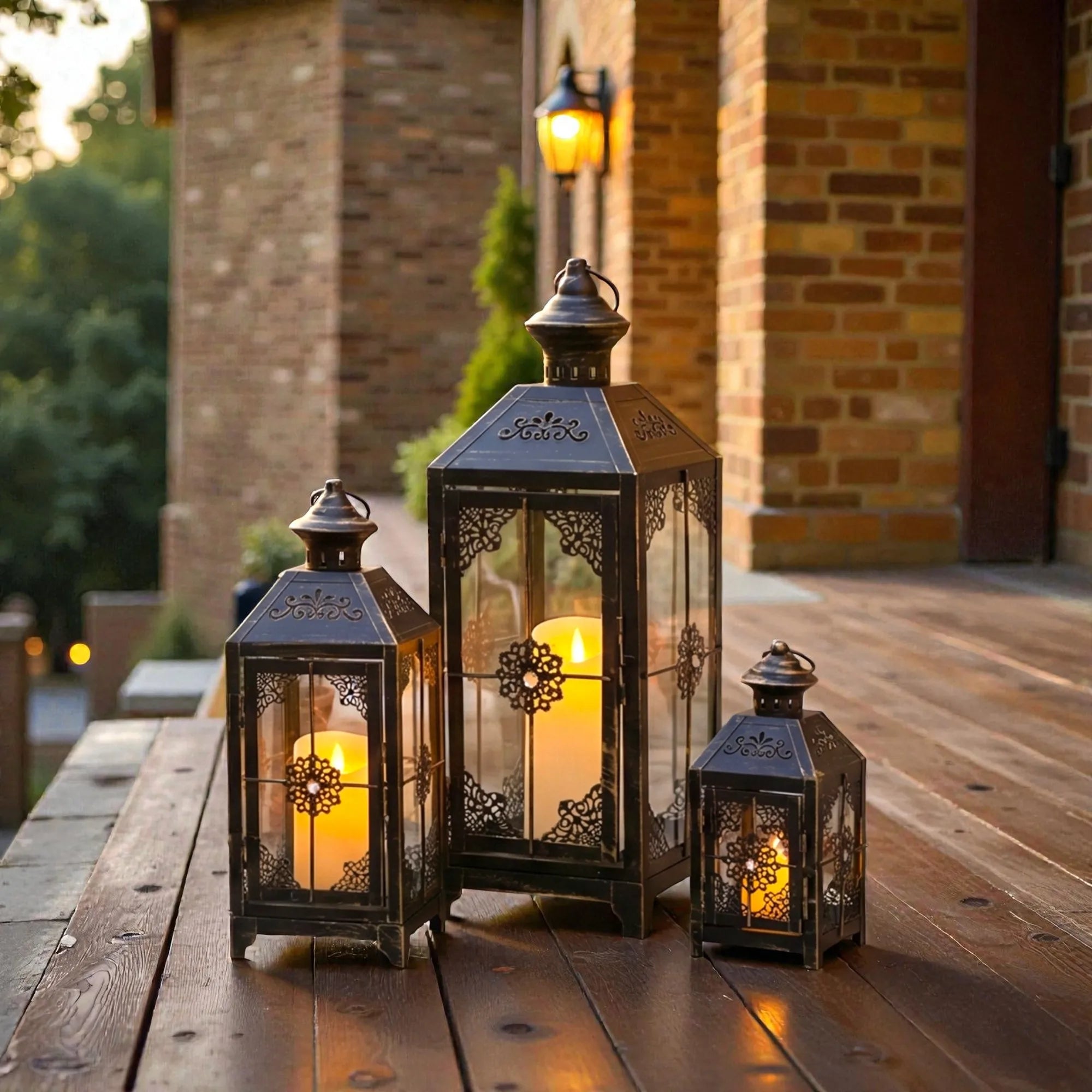 Set of 3 Vintage Black & Gold Candle Lanterns | Large Floor Decor
