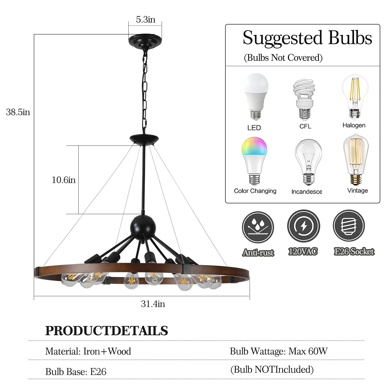 Opeloak 32" Rustic Industrial Chandelier
