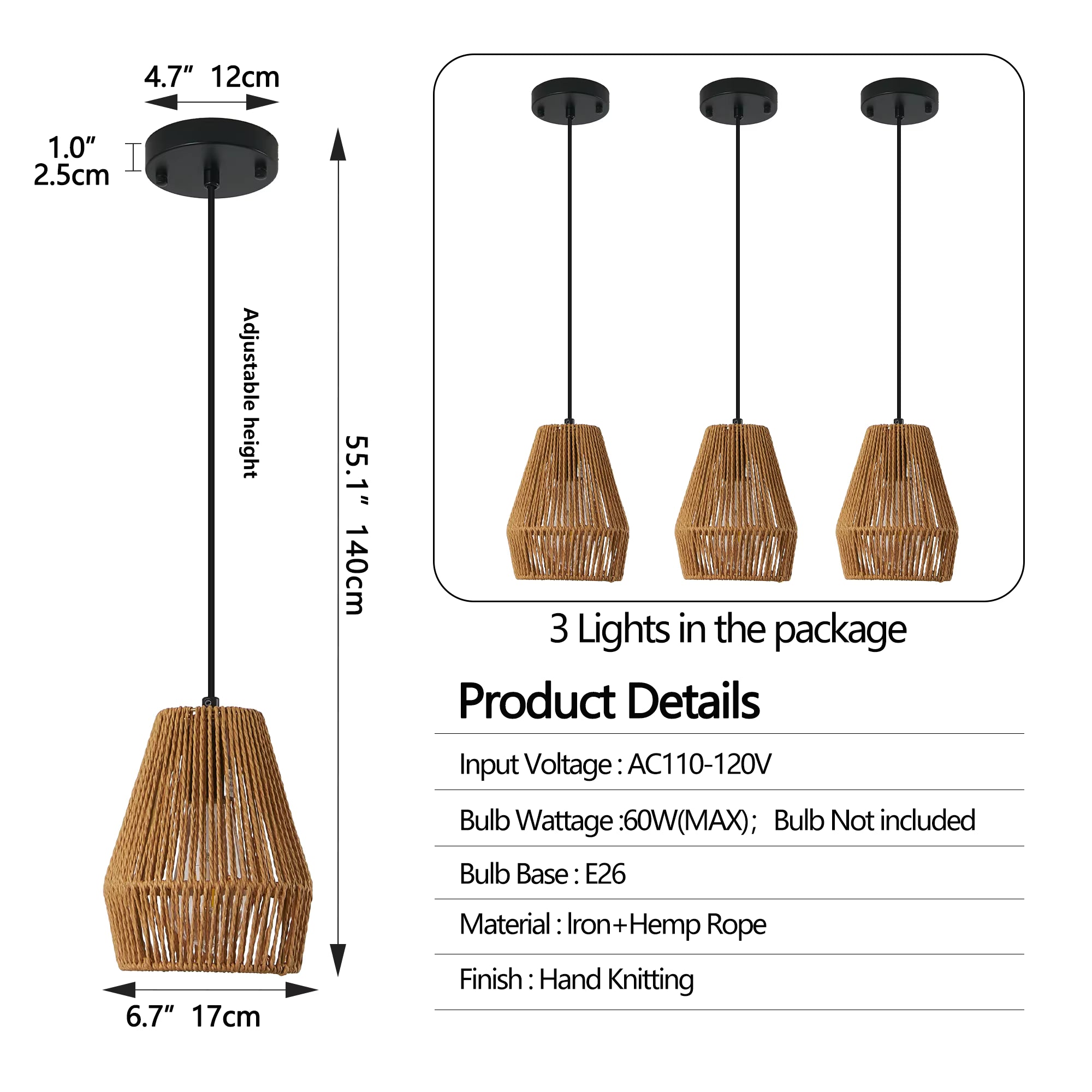 Opeloak 7" Set of 3 Rustic Hemp Rope Pendant Lights