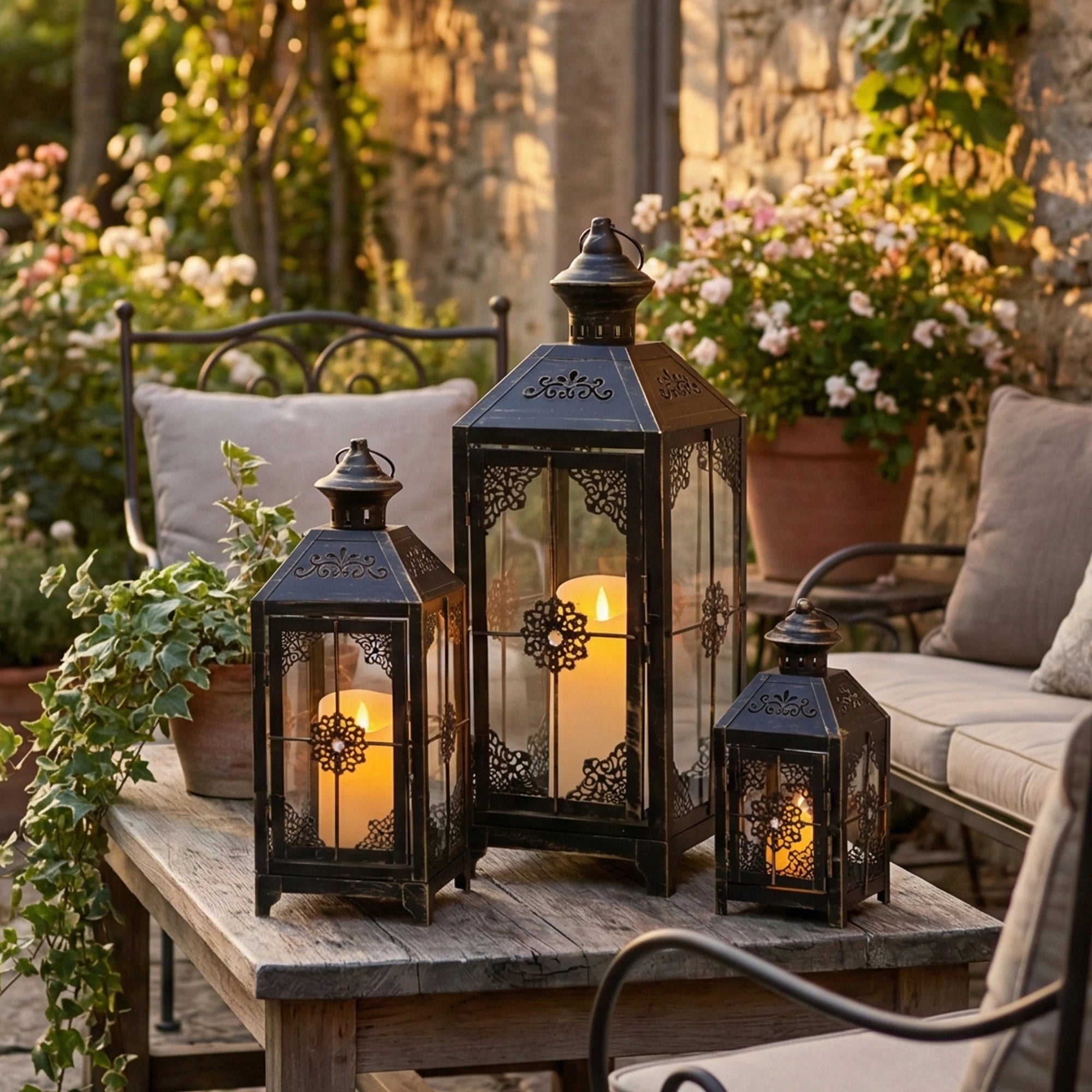 Set of 3 Vintage Black & Gold Candle Lanterns | Large Floor Decor