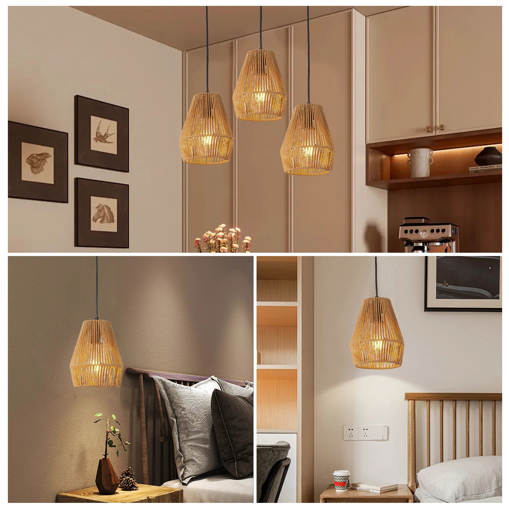 Opeloak 7" Set of 3 Rustic Hemp Rope Pendant Lights