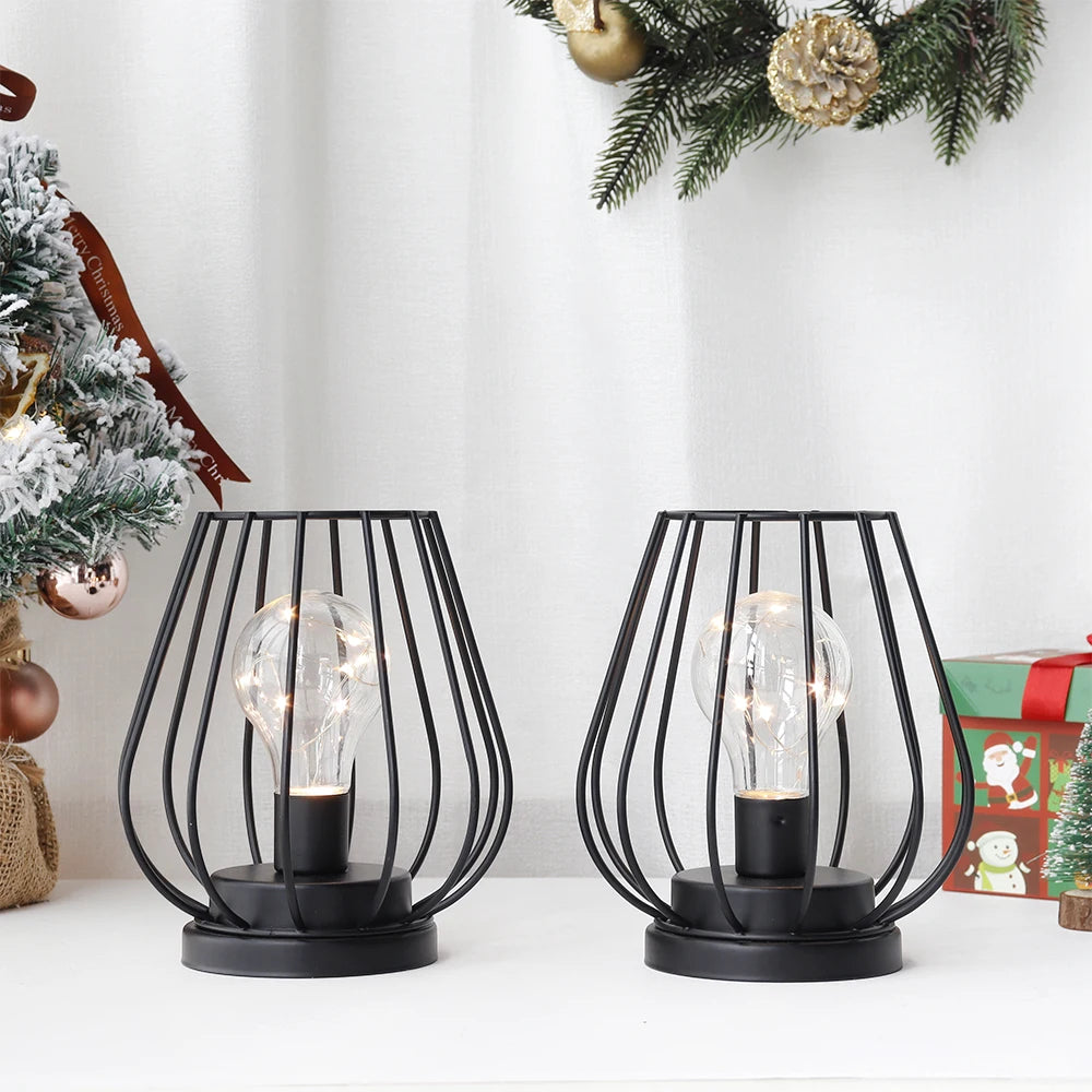 Set of Two Metal Cage Lamp Round Table Lamp for Holiday Decor (2pcs)