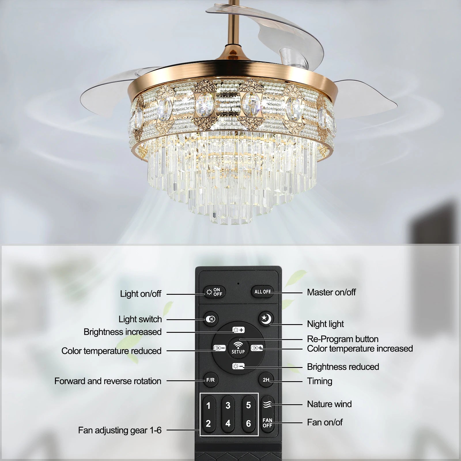 Luxury Gold Smart Ceiling Fan Chandelier - 42"
