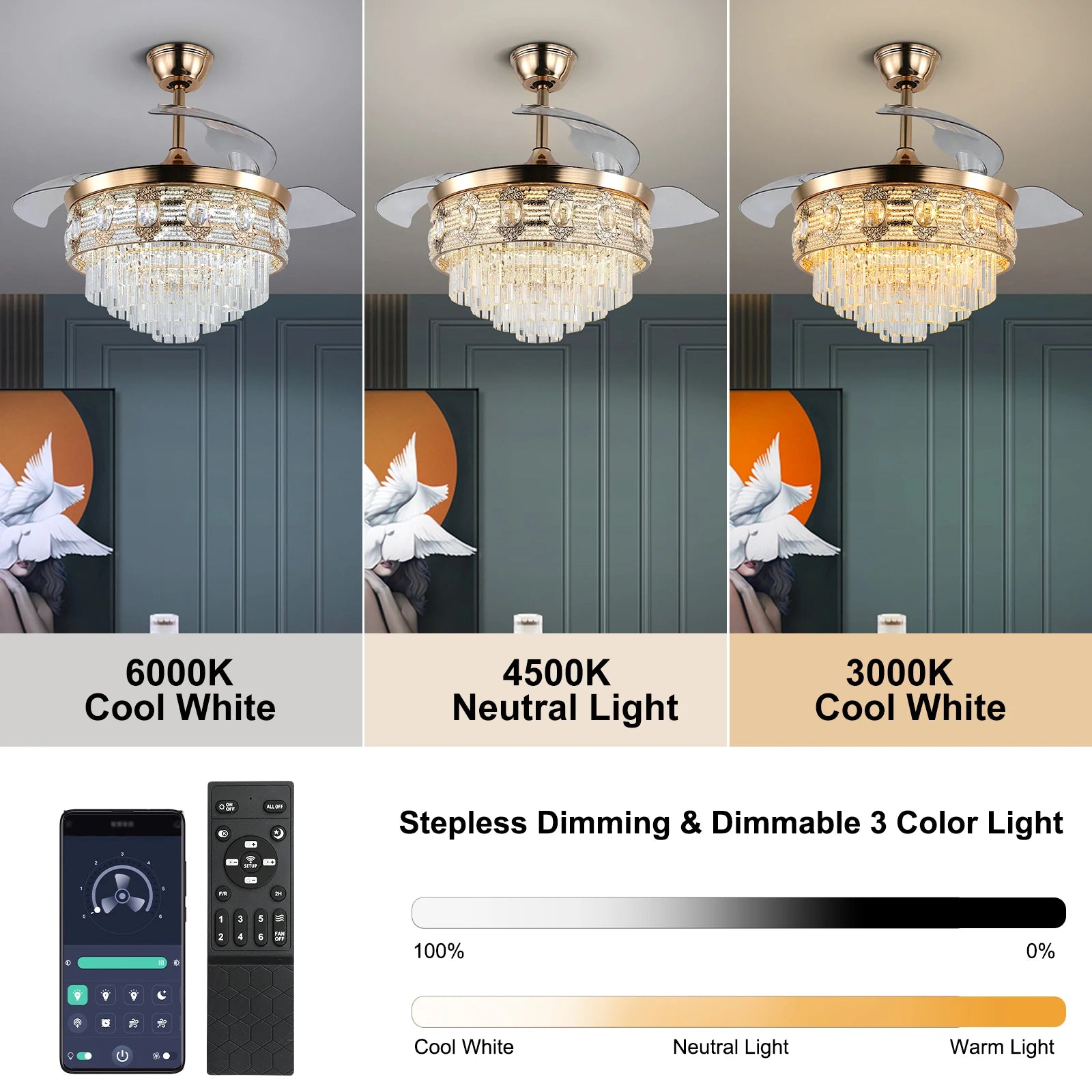 Luxury Gold Smart Ceiling Fan Chandelier - 42"