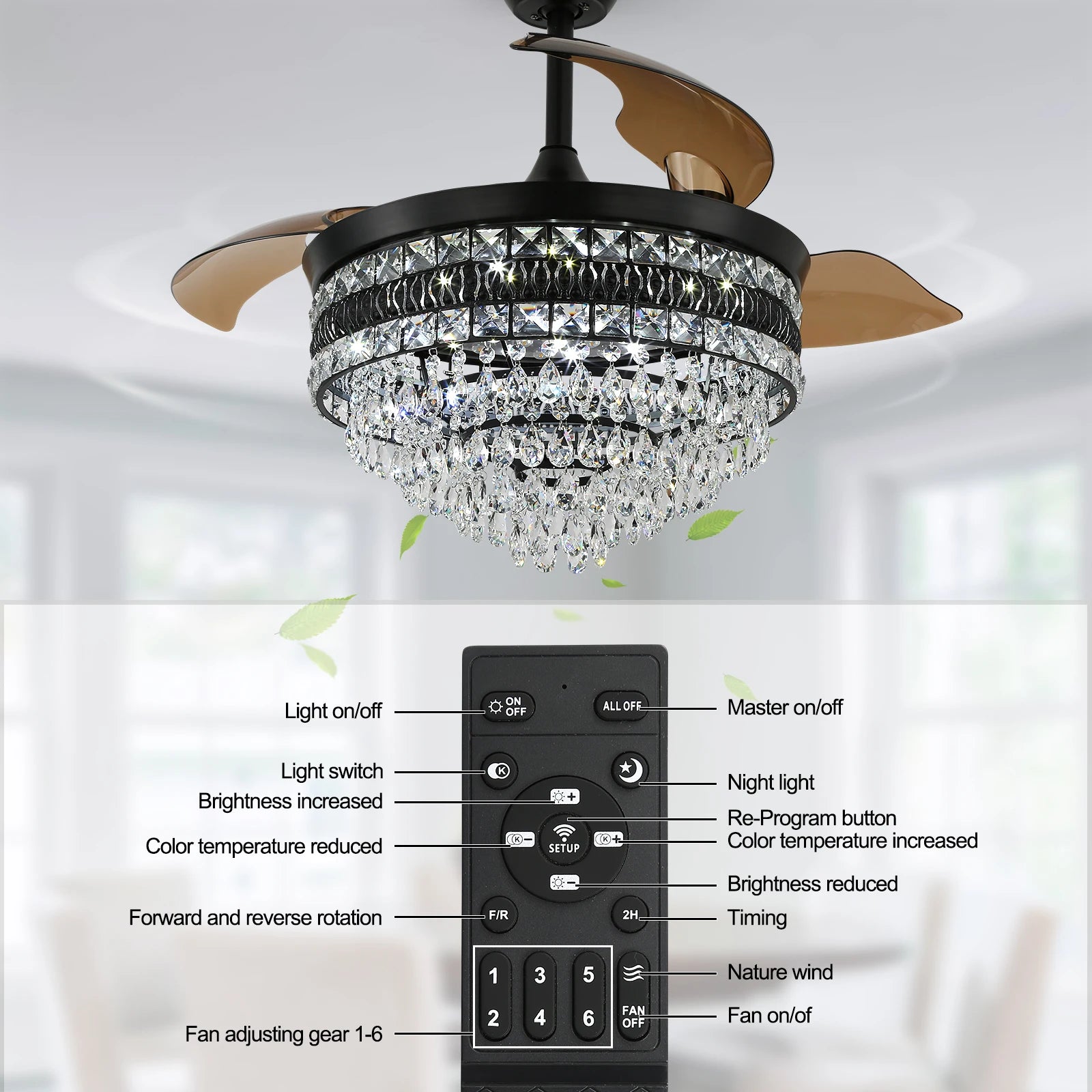 Luxury Gold Smart Ceiling Fan Chandelier - 42"