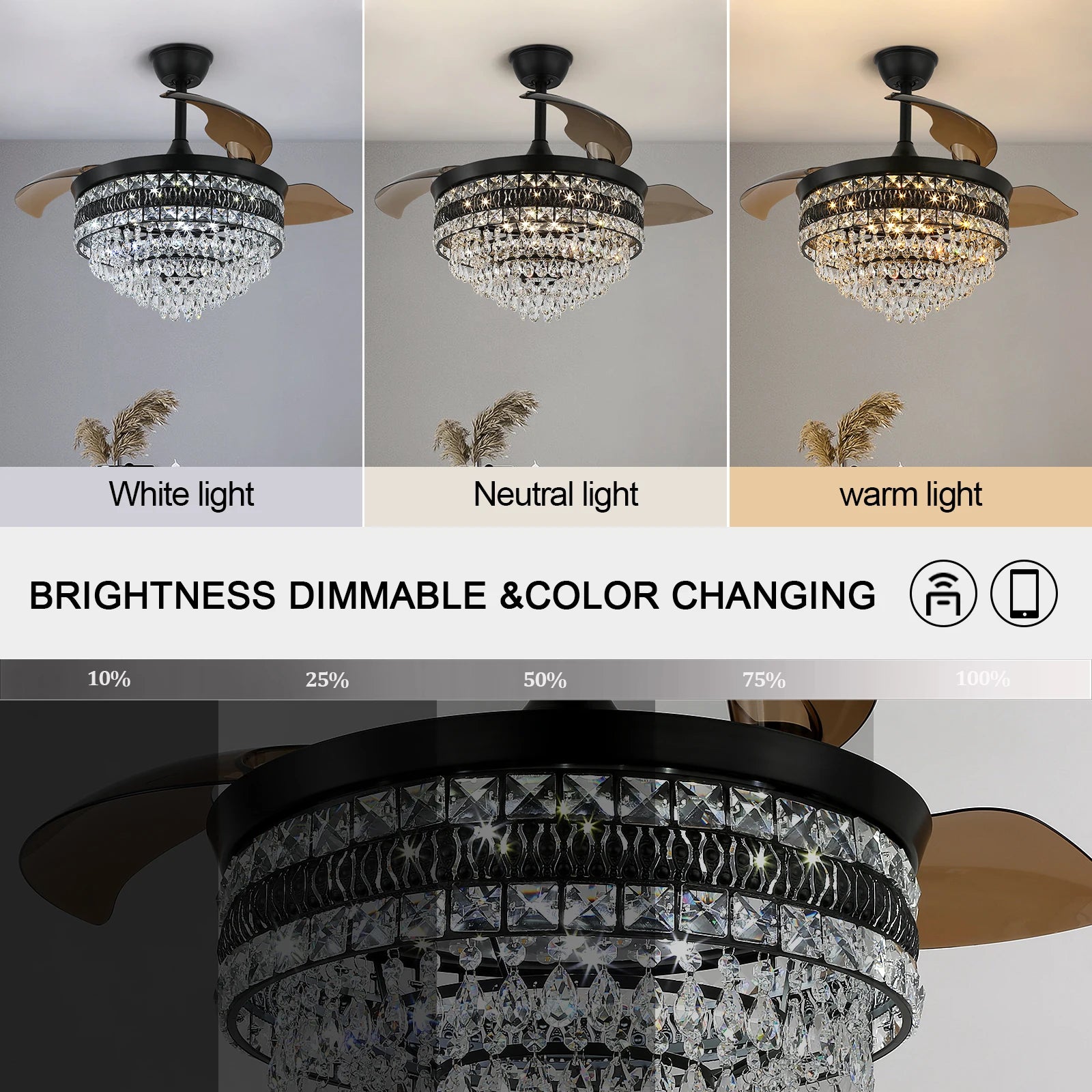 Luxury Gold Smart Ceiling Fan Chandelier - 42"