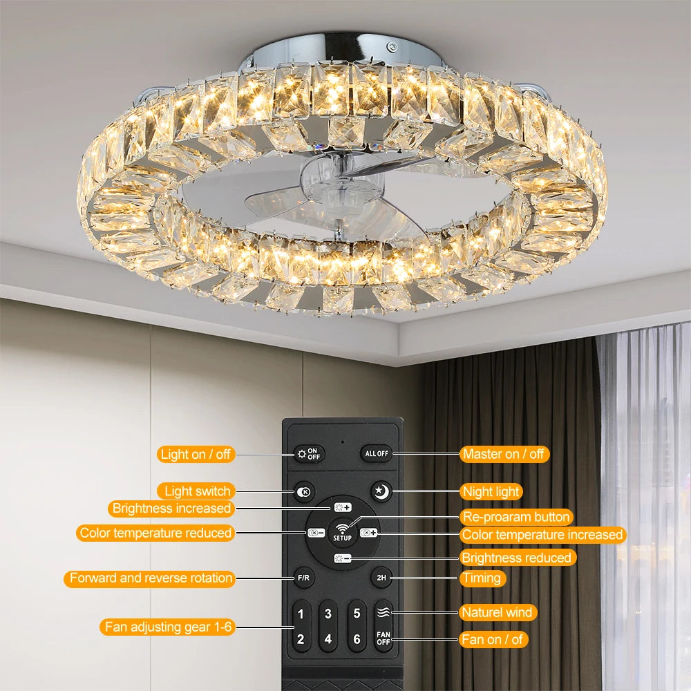 Luxury Crystal Chandelier Ceiling Fan with LED & Remote