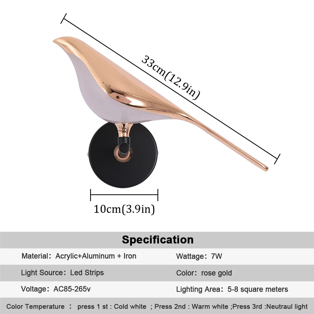 Creative Nordic Rotatable Bird Wall Light - Golden Crystal LED Sconce