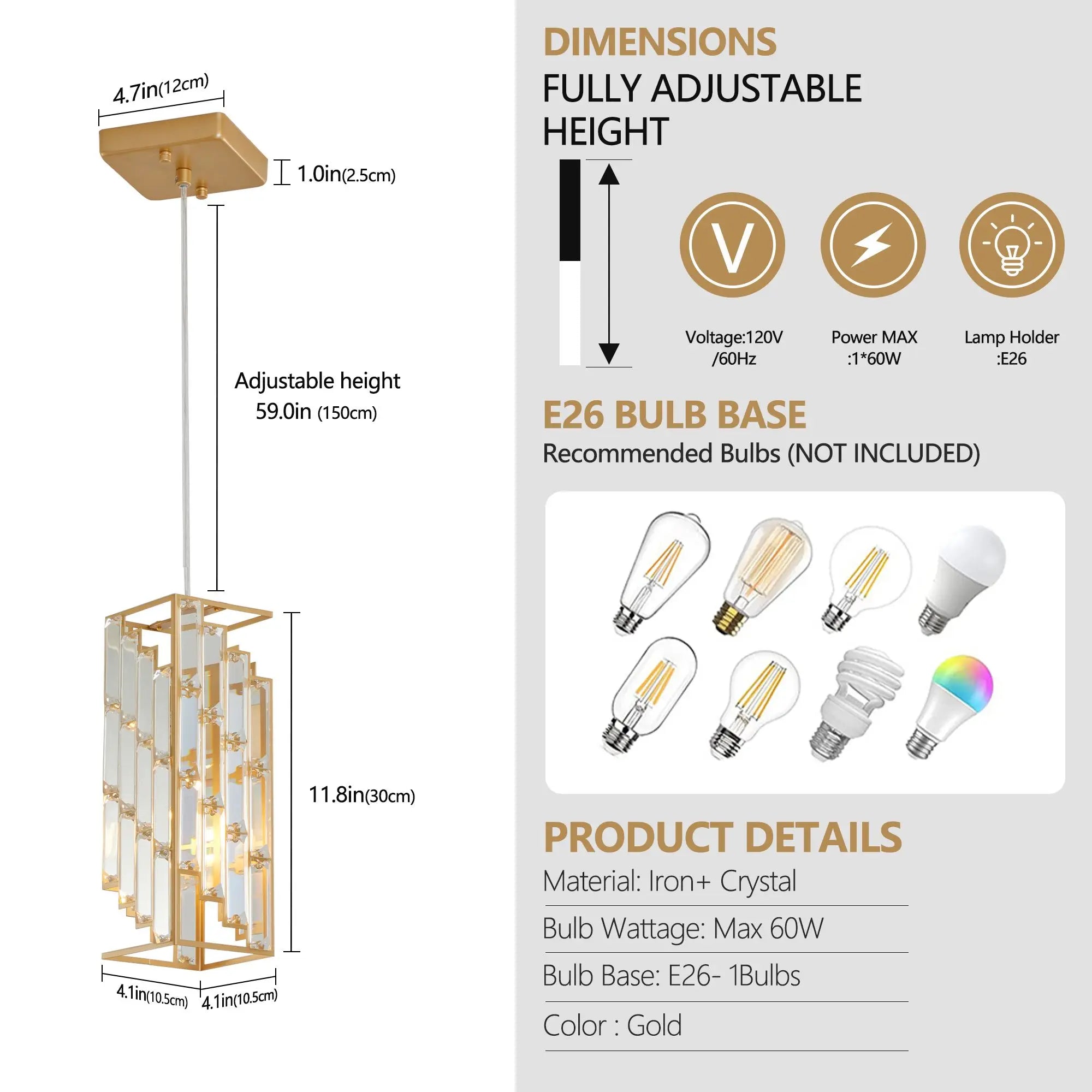 Modern Adjustable Crystal Pendant Light 3-Pack
