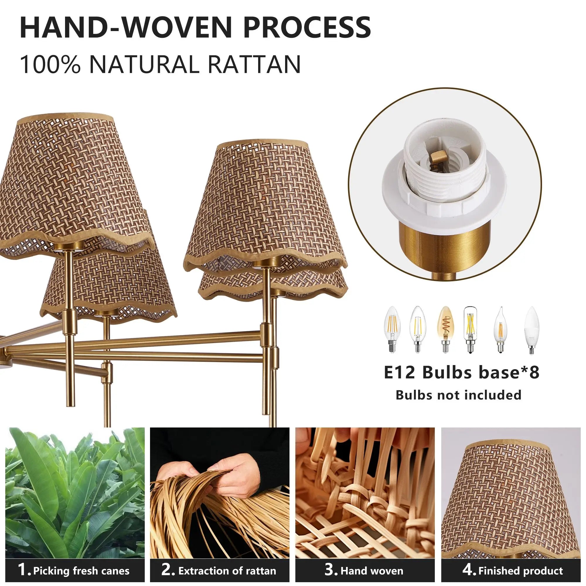 Gold Farmhouse Boho Rattan Chandelier (8-Light)
