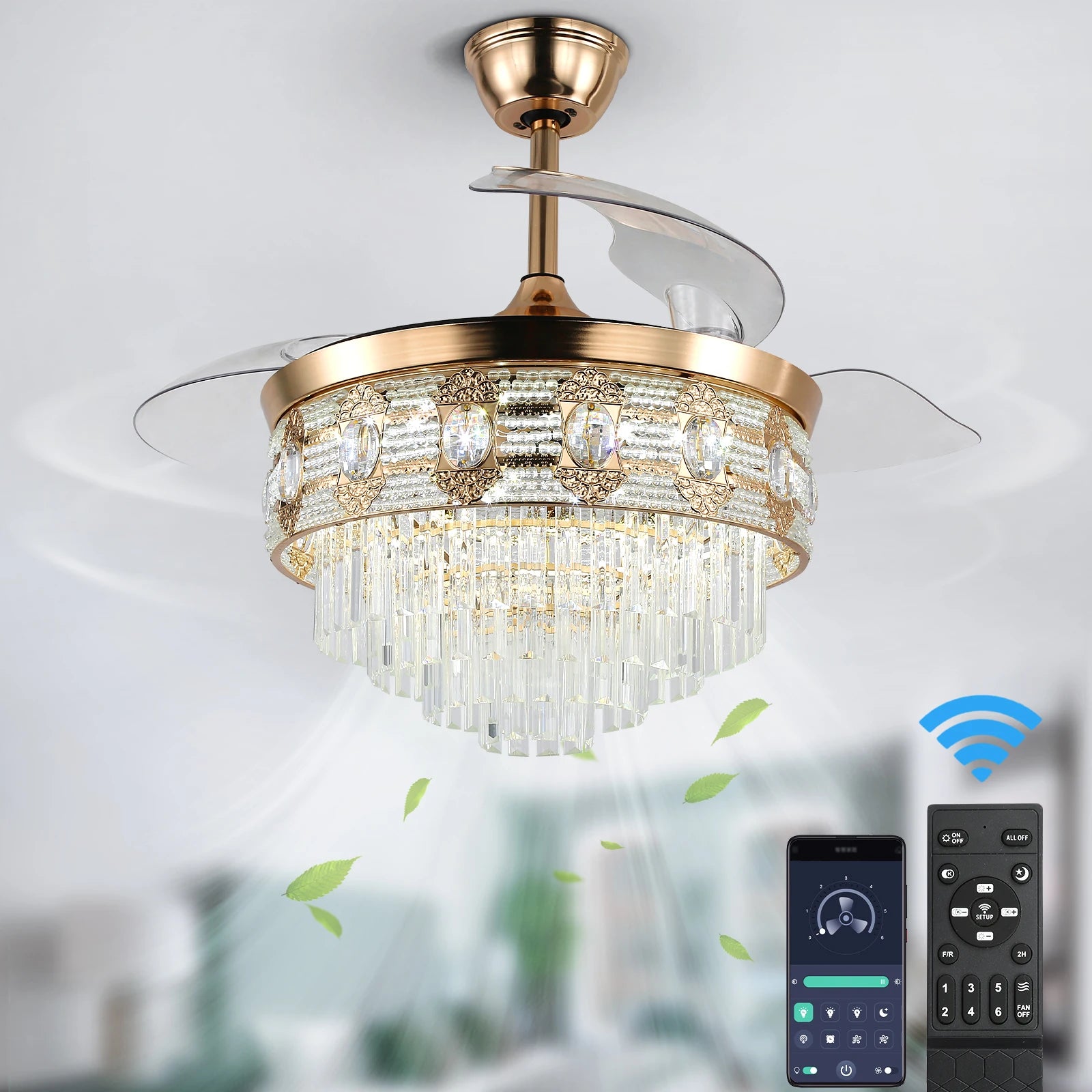 Luxury Gold Smart Ceiling Fan Chandelier - 42"