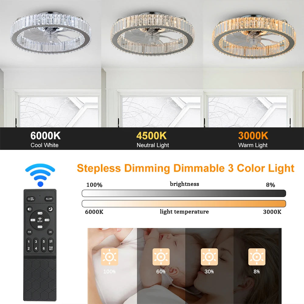 Luxury Crystal Chandelier Ceiling Fan with LED & Remote