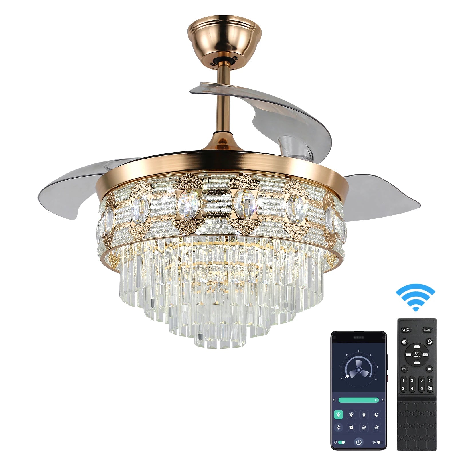 Luxury Gold Smart Ceiling Fan Chandelier - 42"