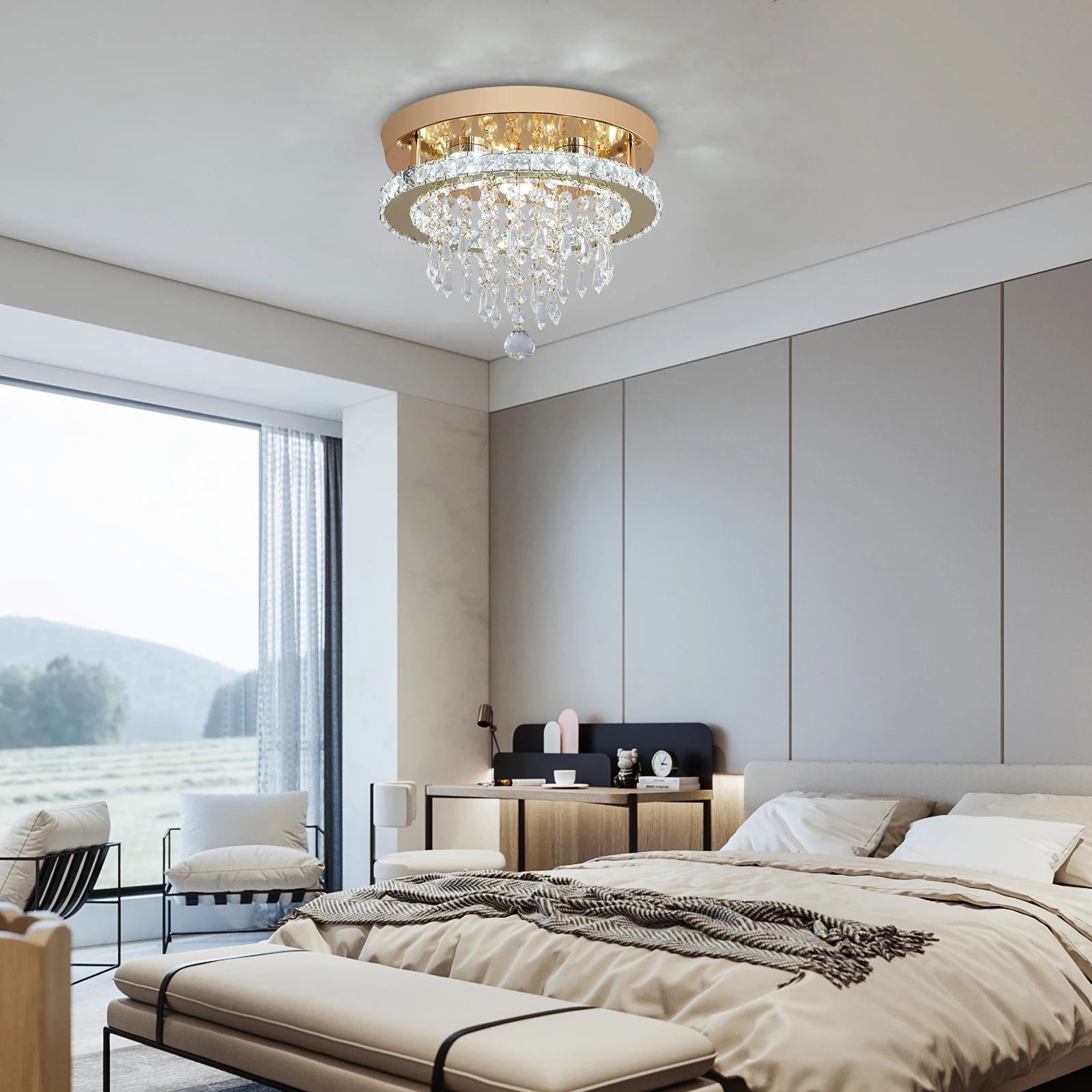 Luxury Gold Crystal Chandelier - Modern LED Bedroom Light