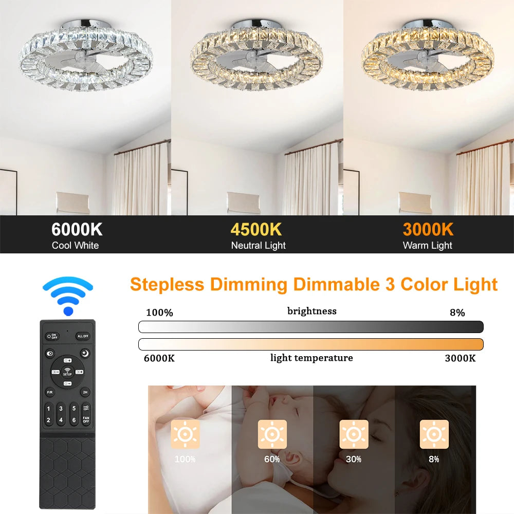 Luxury Crystal Chandelier Ceiling Fan with LED & Remote