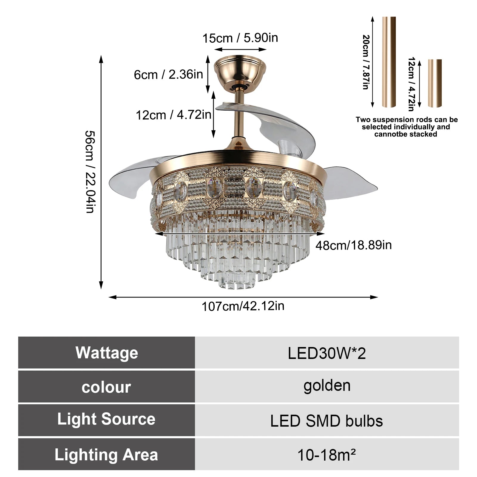 Luxury Gold Smart Ceiling Fan Chandelier - 42"