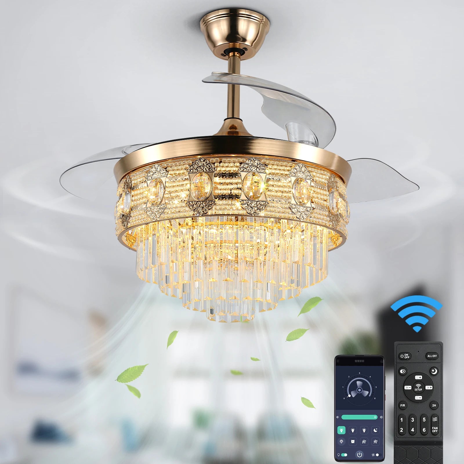 Luxury Gold Smart Ceiling Fan Chandelier - 42"