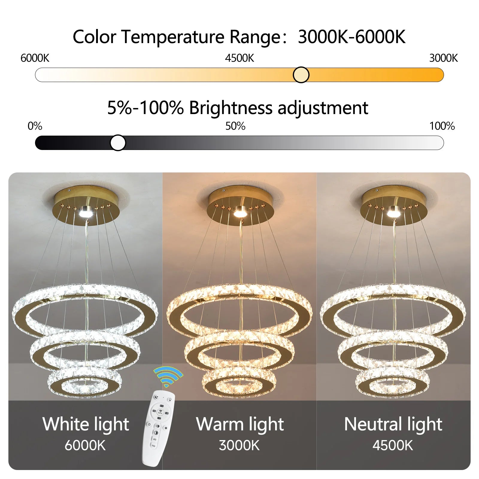 French Luxury 3-Ring Crystal Chandelier - Modern LED Light