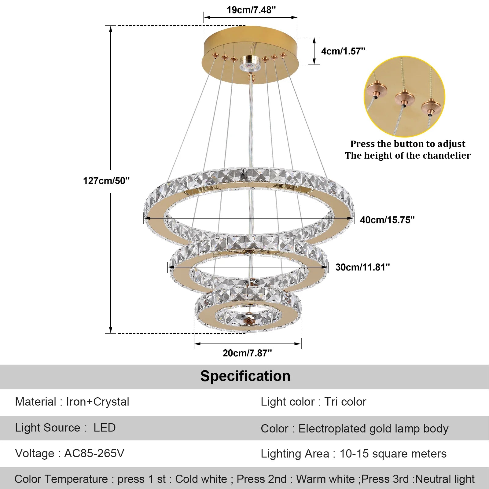 French Luxury 3-Ring Crystal Chandelier - Modern LED Light