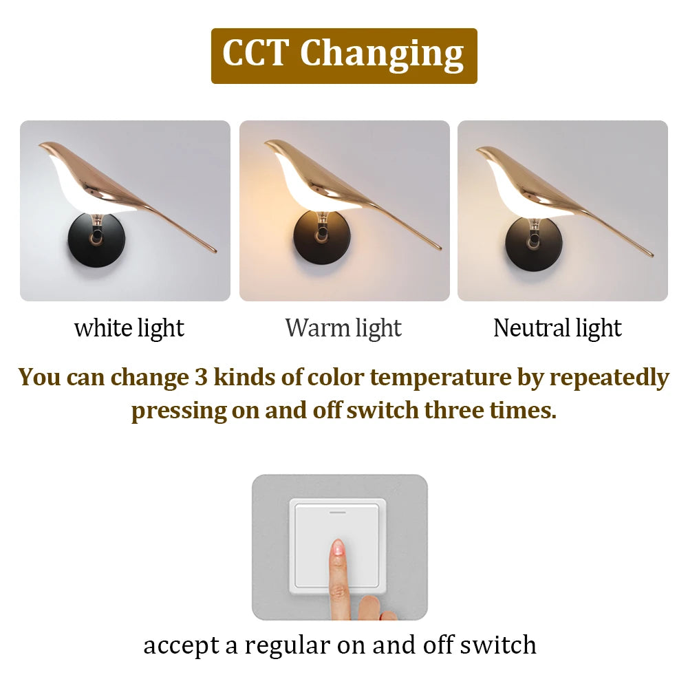 Creative Nordic Rotatable Bird Wall Light - Golden Crystal LED Sconce