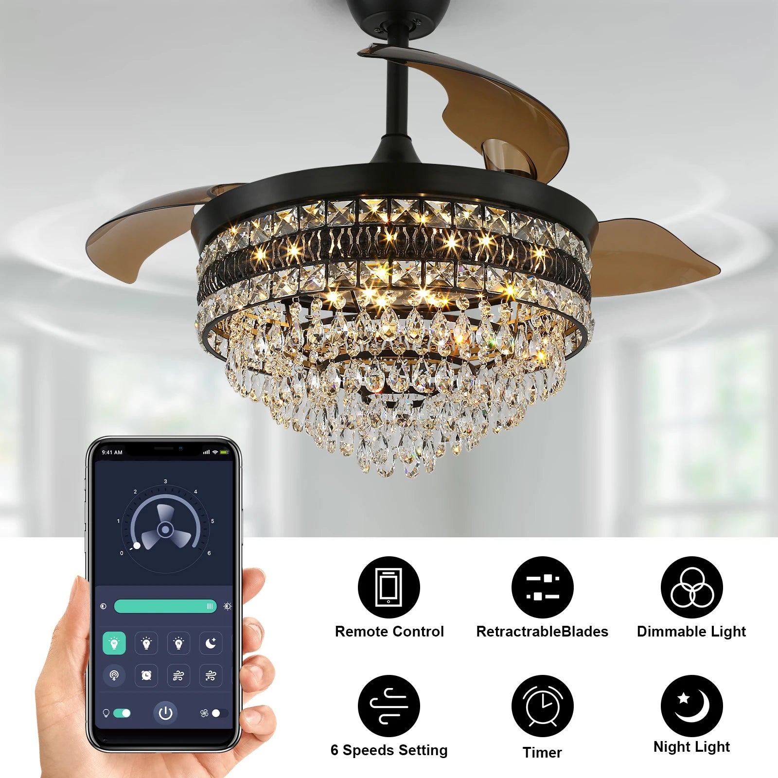 Luxury Gold Smart Ceiling Fan Chandelier - 42"