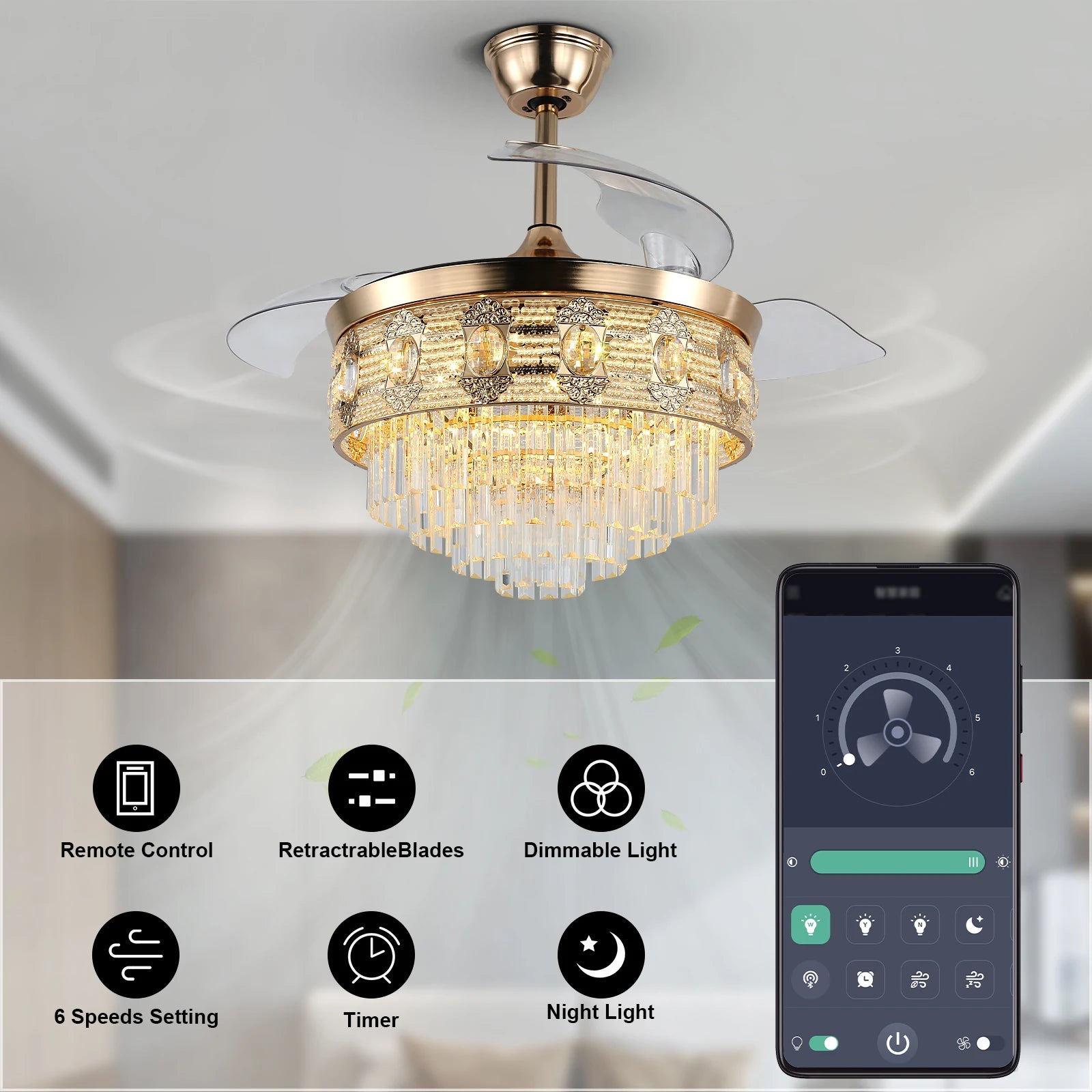Luxury Gold Smart Ceiling Fan Chandelier - 42"