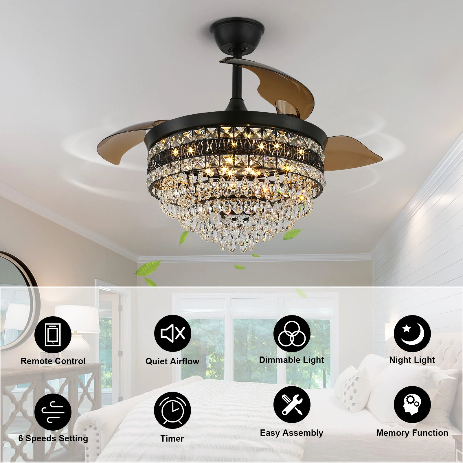 Luxury Gold Smart Ceiling Fan Chandelier - 42"