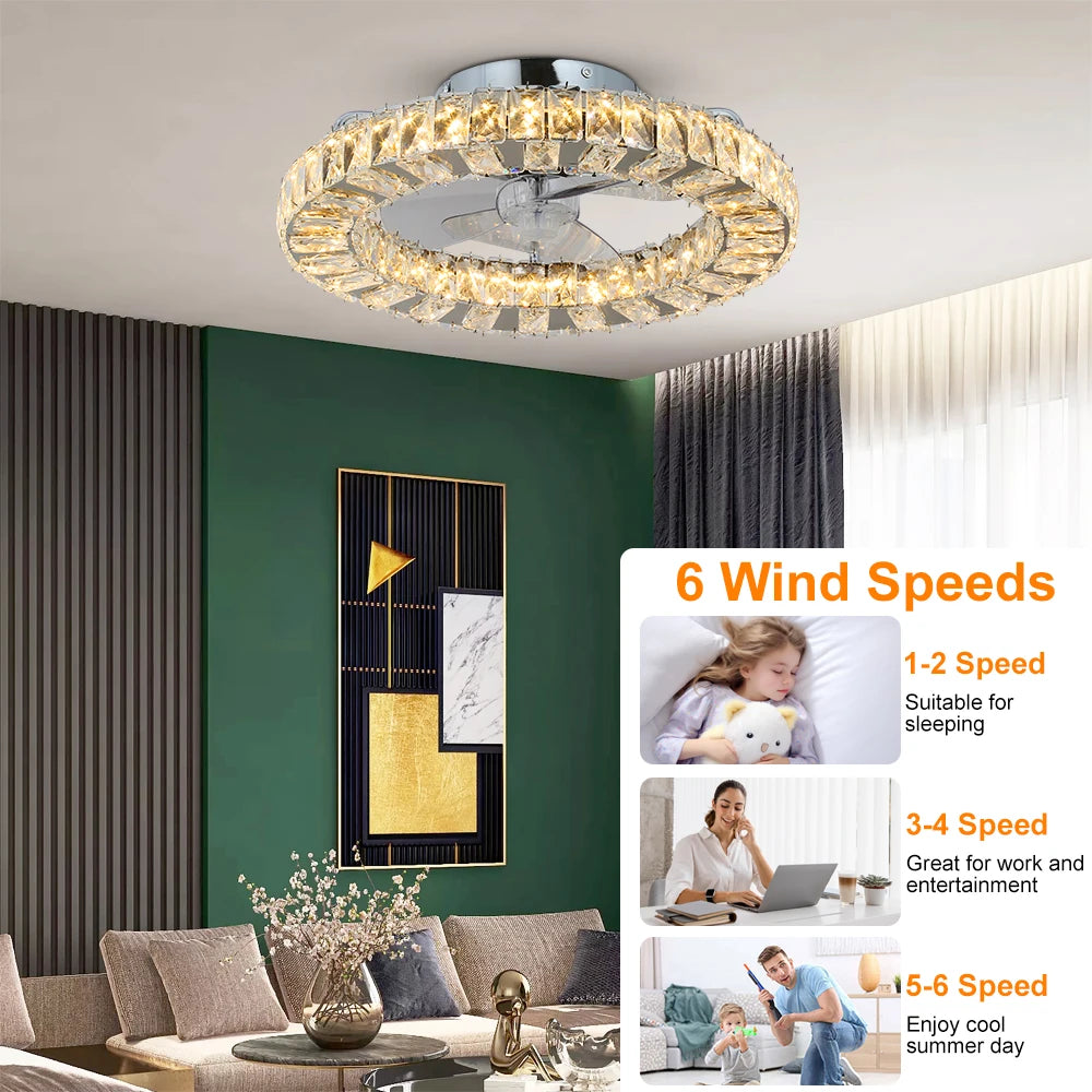 Luxury Crystal Chandelier Ceiling Fan with LED & Remote