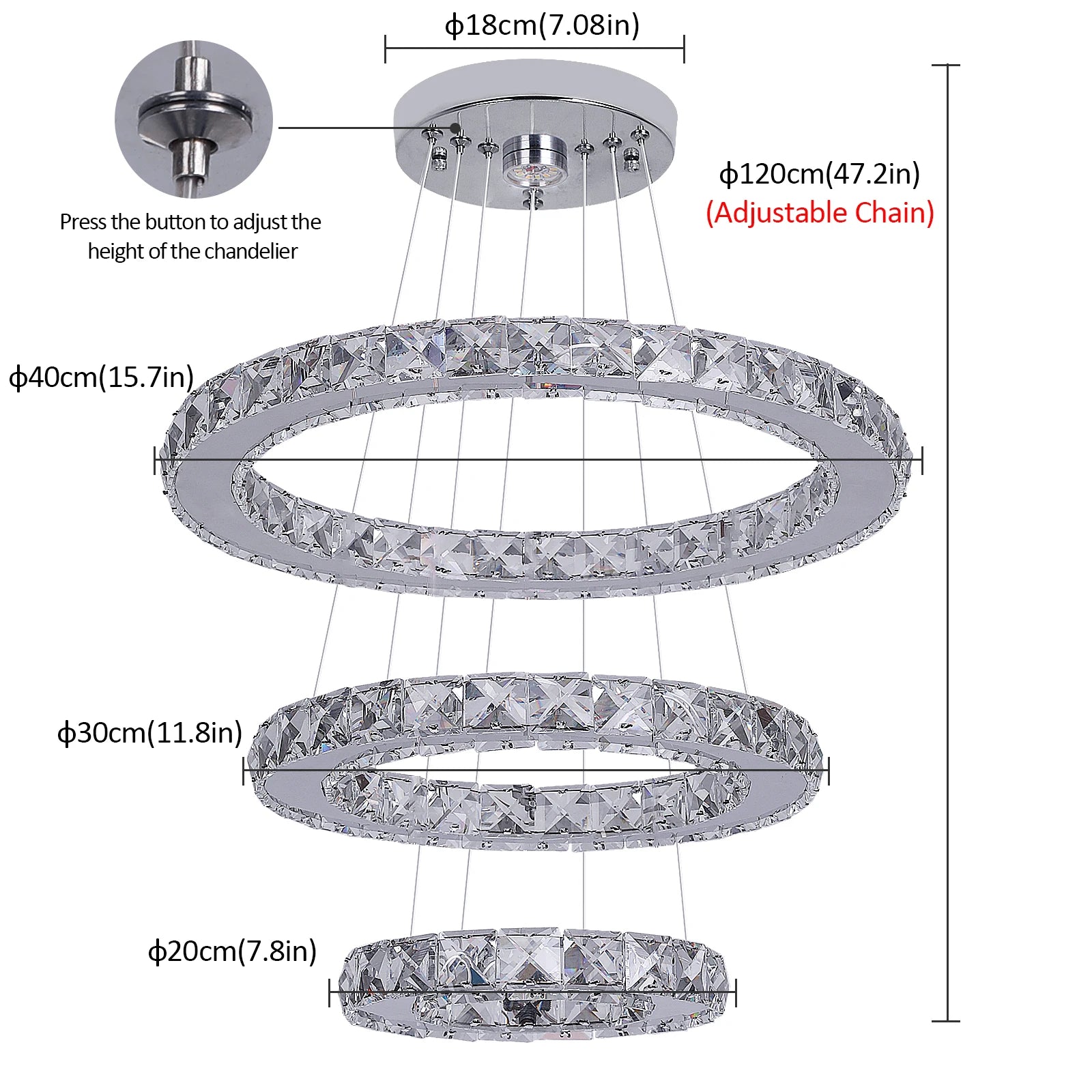 French Luxury 3-Ring Crystal Chandelier - Modern LED Light
