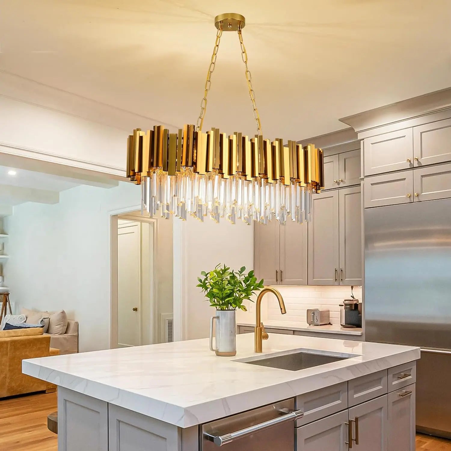 Modern Luxury Gold Crystal Chandelier - 32" Large 8-Light Pendant
