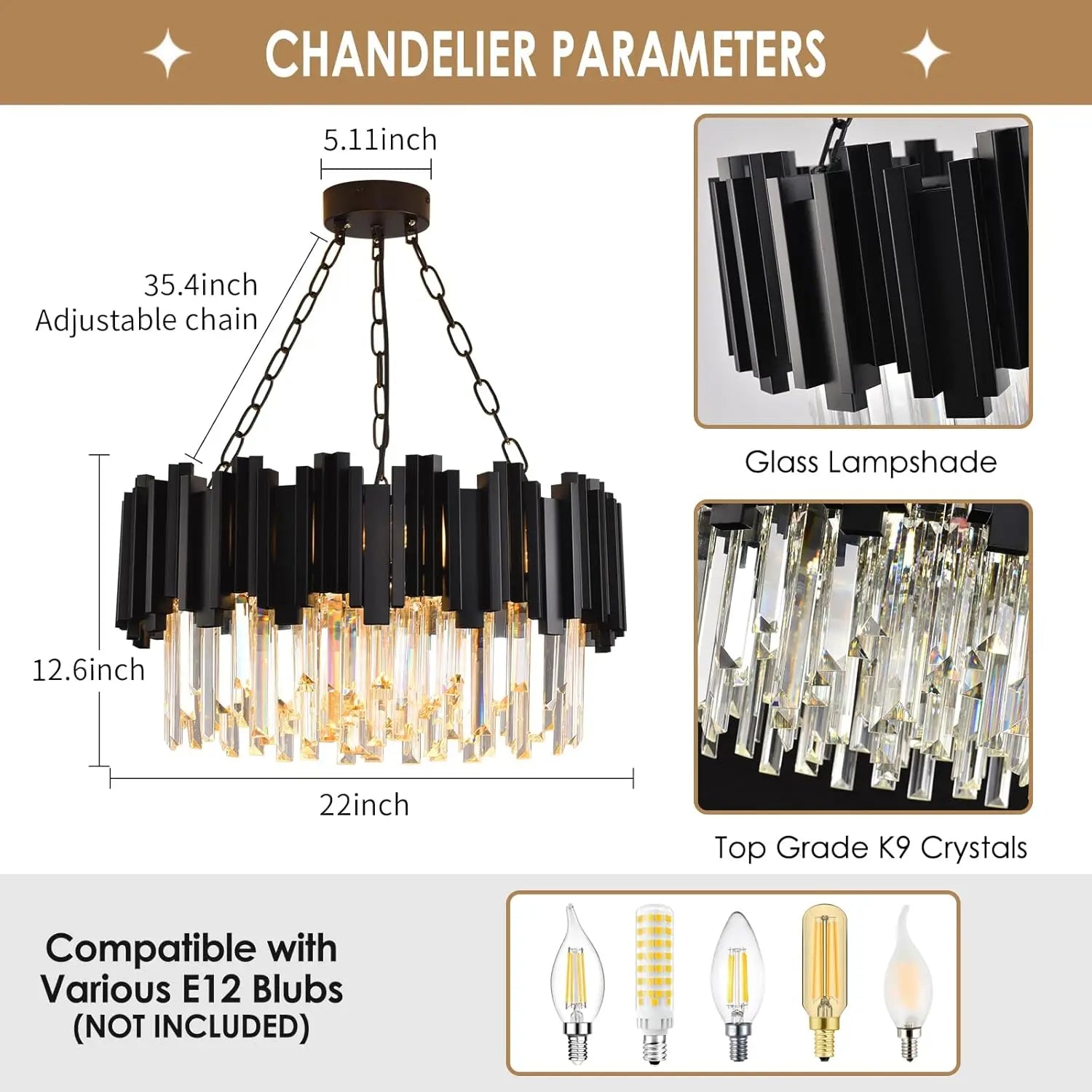 Modern Black Crystal Chandelier - Luxury 9-Light Fixture