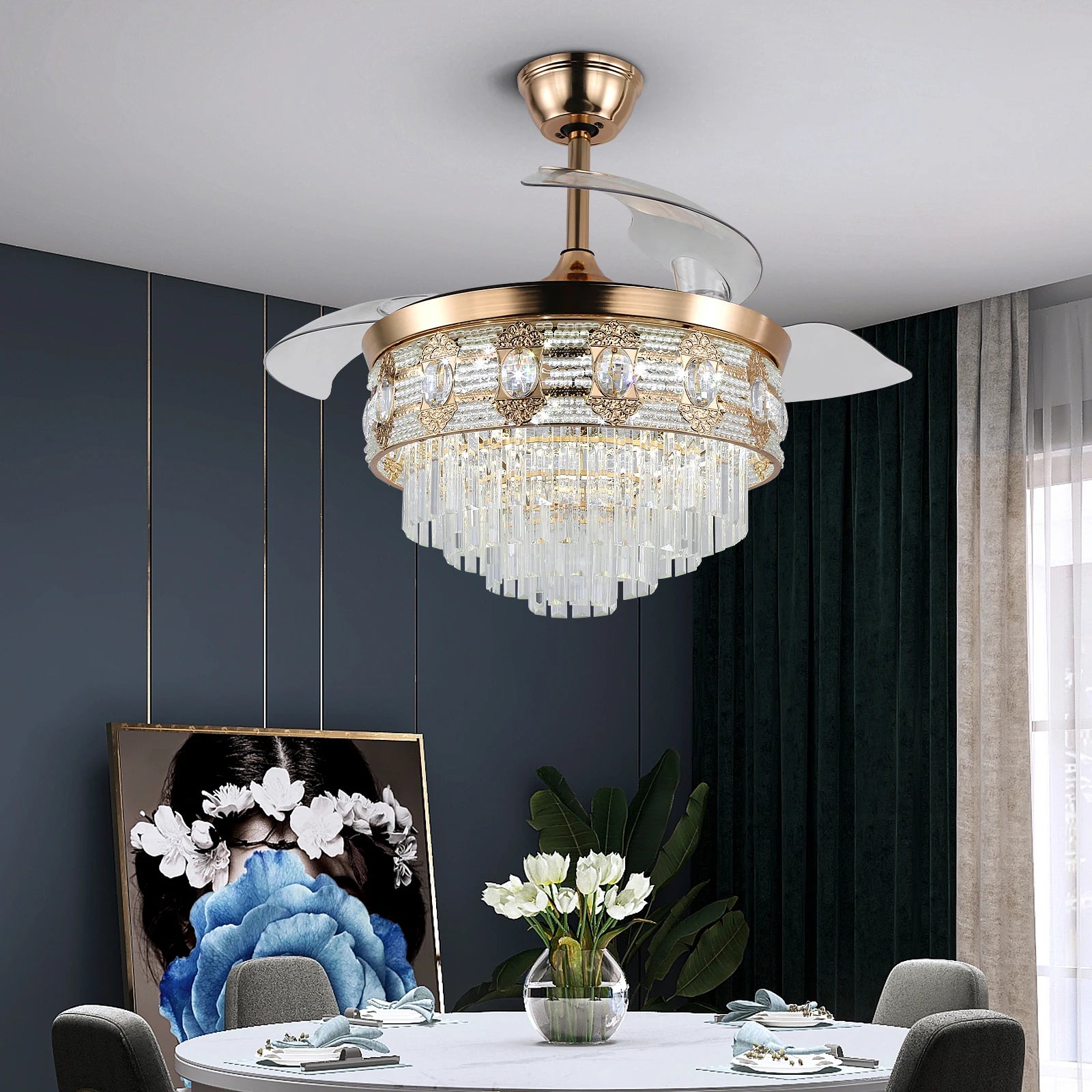 Luxury Gold Smart Ceiling Fan Chandelier - 42"