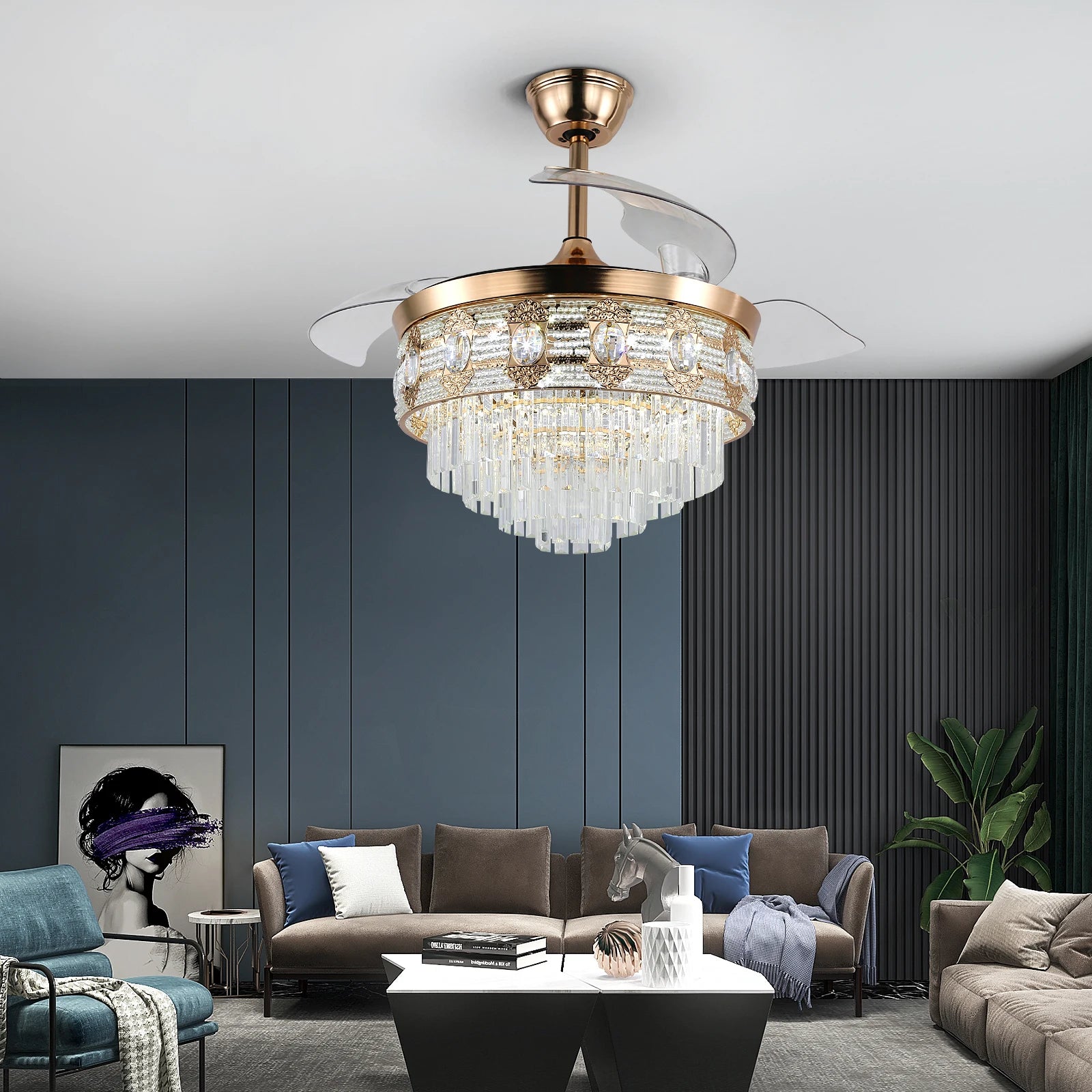 Luxury Gold Smart Ceiling Fan Chandelier - 42"