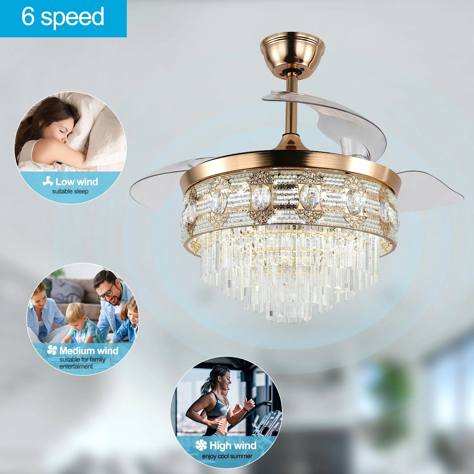 Luxury Gold Smart Ceiling Fan Chandelier - 42"