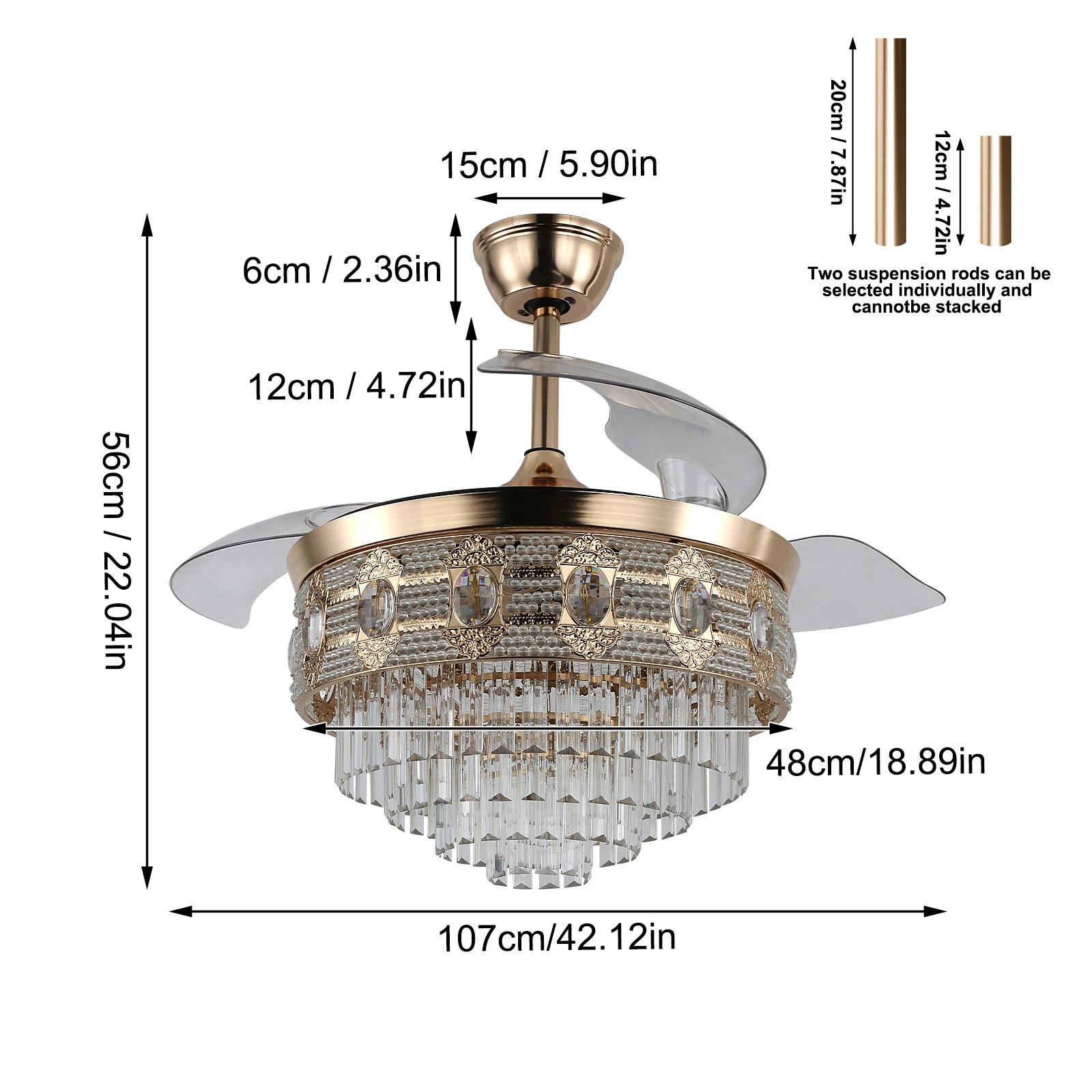 Luxury Gold Smart Ceiling Fan Chandelier - 42"