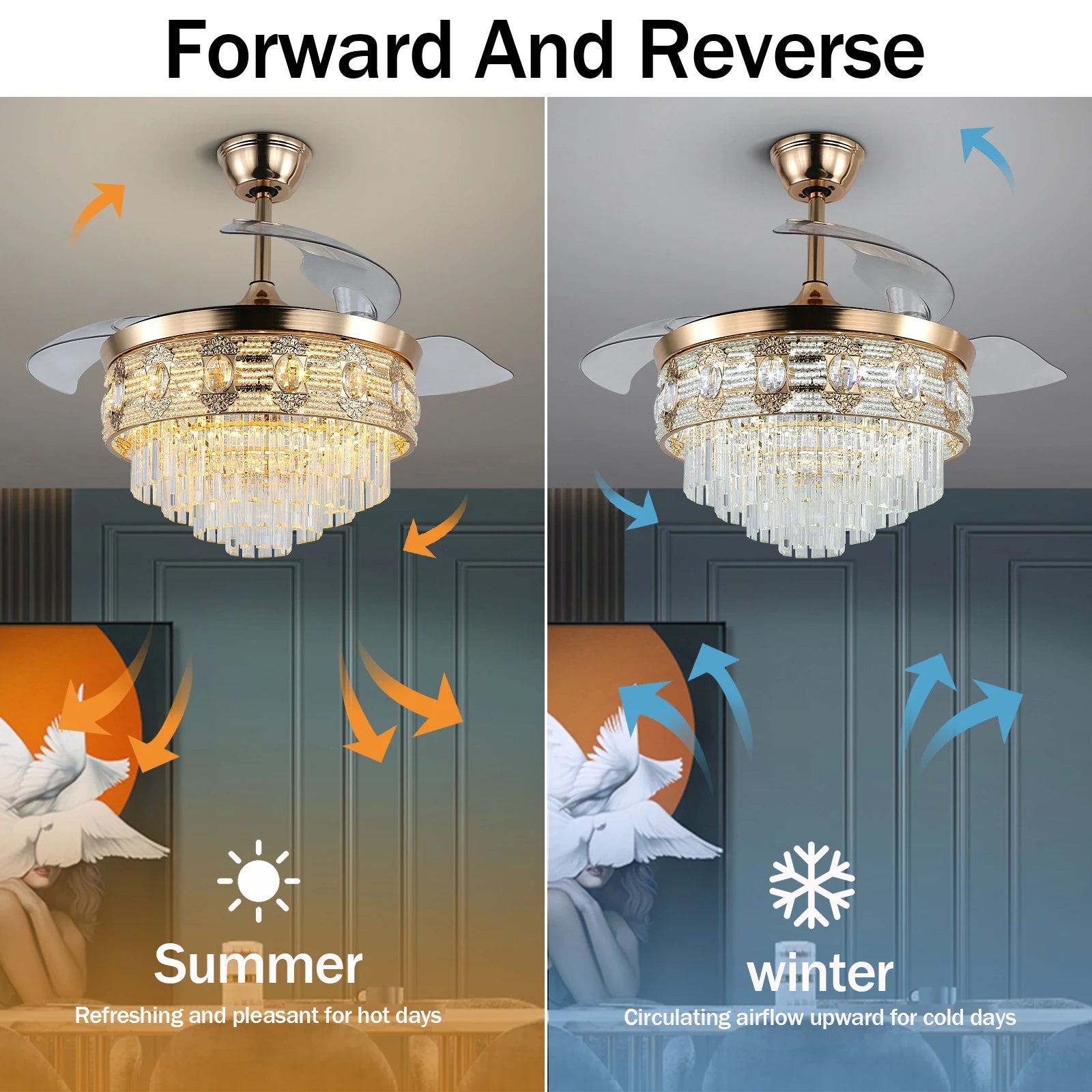Luxury Gold Smart Ceiling Fan Chandelier - 42"